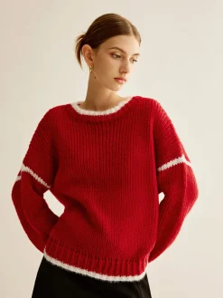 COMMENSE Crew Neck Contrast Binding Sweater* Sweater Tops|Sweaters & Cardigans