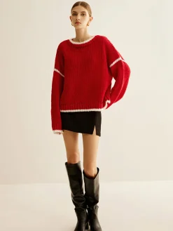 COMMENSE Crew Neck Contrast Binding Sweater* Sweater Tops|Sweaters & Cardigans