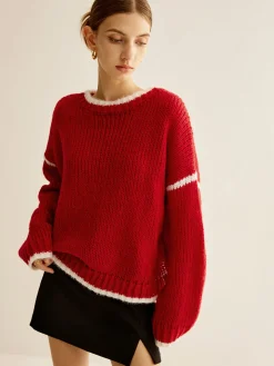 COMMENSE Crew Neck Contrast Binding Sweater* Sweater Tops|Sweaters & Cardigans