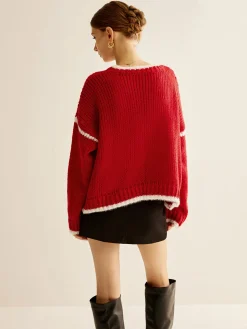 COMMENSE Crew Neck Contrast Binding Sweater* Sweater Tops|Sweaters & Cardigans