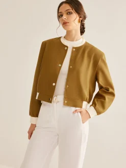 COMMENSE Crew Neck Contrast Trim Button Jacket* Outerwear|Jackets