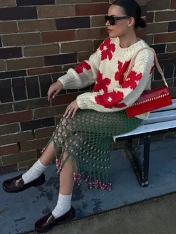 COMMENSE Crew Neck Flower Mechanism Knitting Top* Sweater Tops|Sweaters & Cardigans