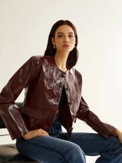 COMMENSE Crew Neck PU Leather Short Blazer* Outerwear|Blazers