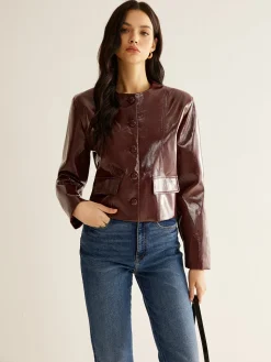 COMMENSE Crew Neck PU Leather Short Blazer* Outerwear|Blazers
