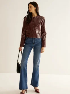 COMMENSE Crew Neck PU Leather Short Blazer* Outerwear|Blazers