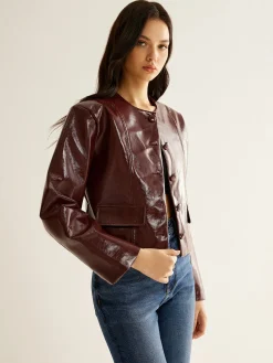 COMMENSE Crew Neck PU Leather Short Blazer* Outerwear|Blazers