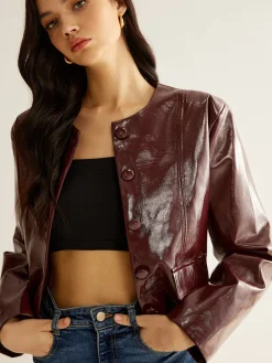 COMMENSE Crew Neck PU Leather Short Blazer* Outerwear|Blazers