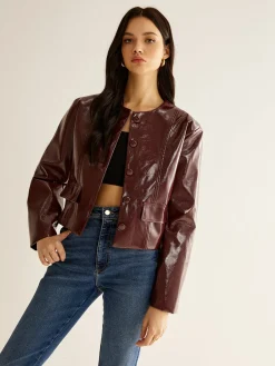 COMMENSE Crew Neck PU Leather Short Blazer* Outerwear|Blazers