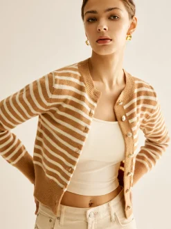 COMMENSE Crew Neck Striped Corset Cardigan* Cardigans|Sweaters & Cardigans
