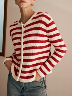 COMMENSE Crew Neck Striped Jersey Cardigan* Cardigans|Sweaters & Cardigans