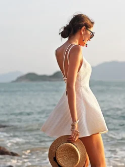 COMMENSE Criss Cross Backless Short Dress* White Dresses|Casual Dresses