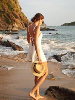 COMMENSE Criss Cross Backless Short Dress* White Dresses|Casual Dresses