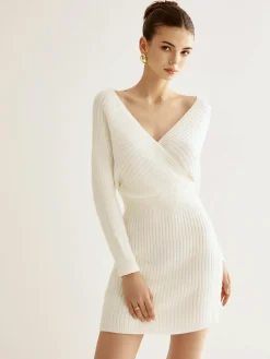 COMMENSE Criss Cross Cinched Sweater Dress* White Dresses|Black Dresses