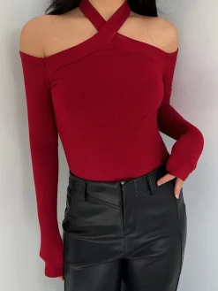 COMMENSE Criss Cross Cold-Shoulder Ribbed Top* T-shirts|Tops