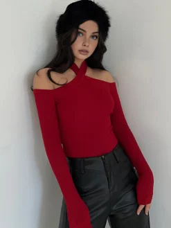 COMMENSE Criss Cross Cold-Shoulder Ribbed Top* T-shirts|Tops