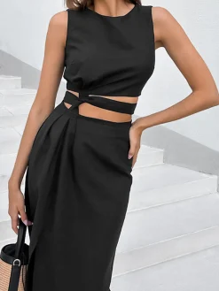 COMMENSE Criss Cross Cutout Split Midi Dress* Black Dresses|Casual Dresses