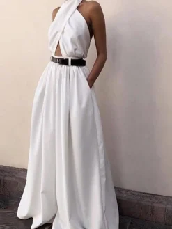COMMENSE Criss Cross Halter Backless Jumpsuit Without Belt* White Dresses|Jumpsuits & Rompers