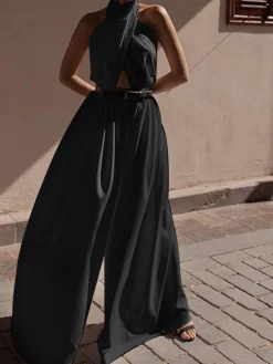 COMMENSE Criss Cross Halter Backless Jumpsuit Without Belt* White Dresses|Jumpsuits & Rompers