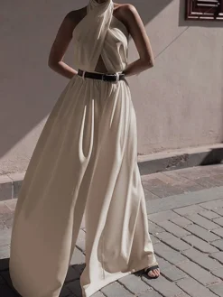 COMMENSE Criss Cross Halter Backless Jumpsuit Without Belt* White Dresses|Jumpsuits & Rompers