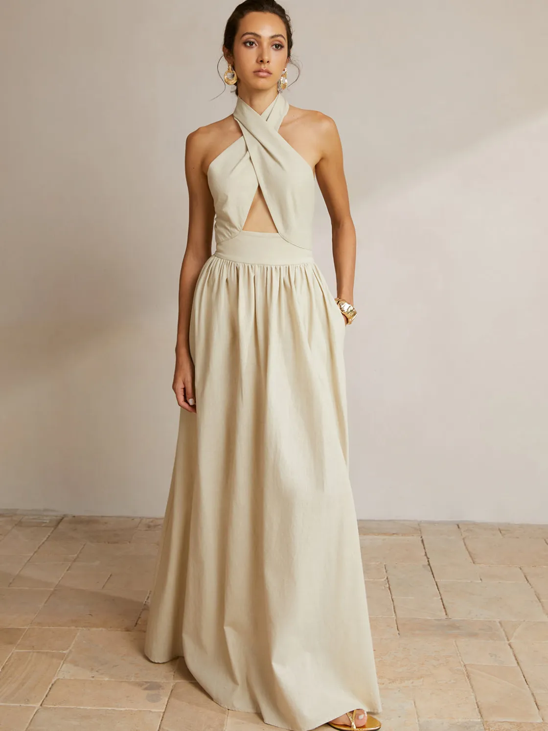 COMMENSE Criss Cross Halter Pockets Long Dress* Casual Dresses|Cocktail & Party Dresses