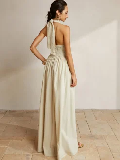 COMMENSE Criss Cross Halter Pockets Long Dress* Casual Dresses|Cocktail & Party Dresses