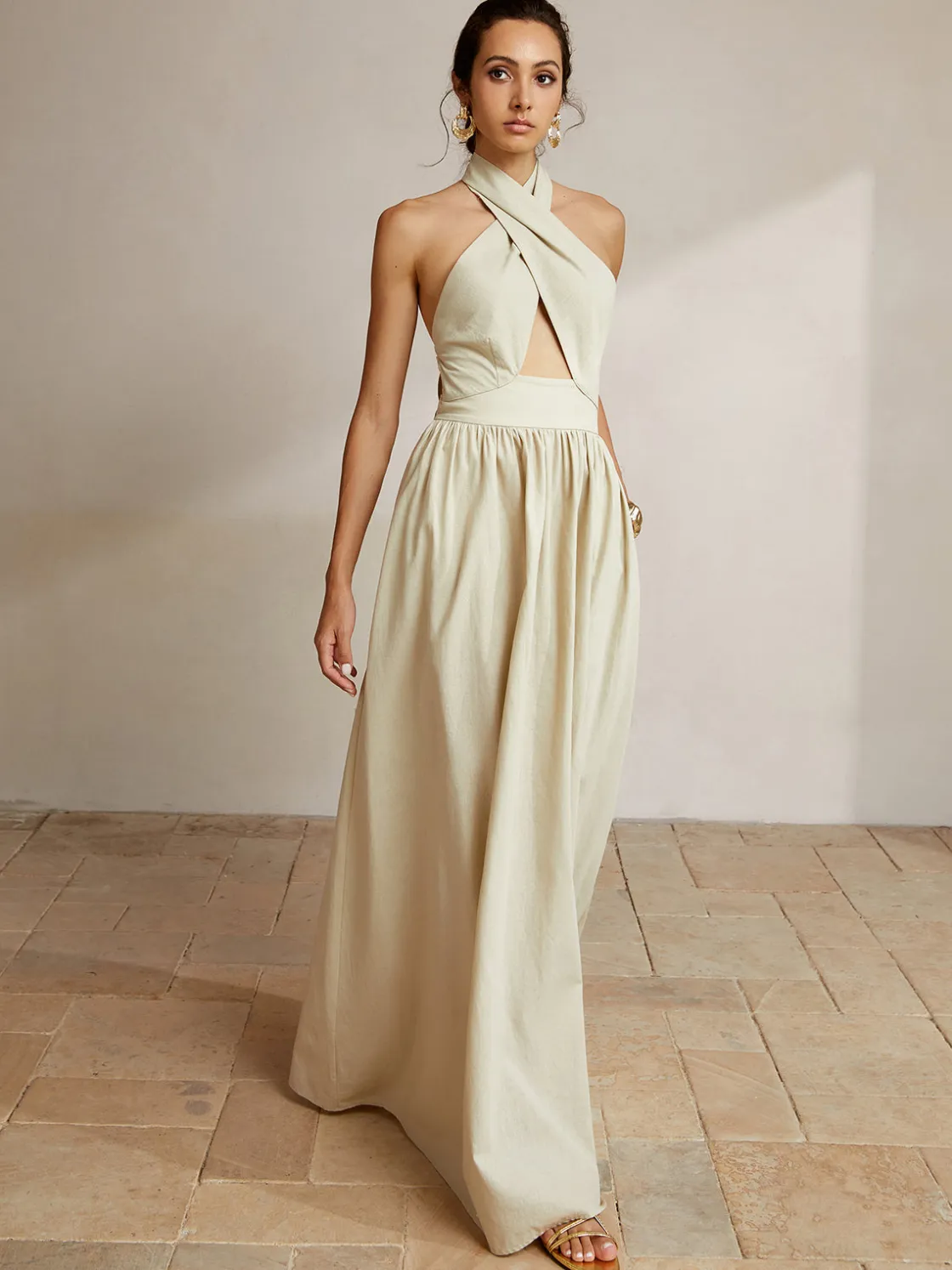 COMMENSE Criss Cross Halter Pockets Long Dress* Casual Dresses|Cocktail & Party Dresses
