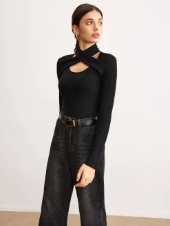COMMENSE Criss Cross Neck Ribbed Top* T-shirts|Tops