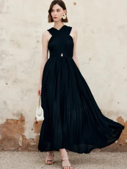 COMMENSE Criss Cross Pleated Long Dress* Black Dresses|Cocktail & Party Dresses