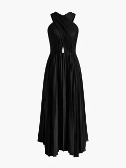 COMMENSE Criss Cross Pleated Long Dress* Black Dresses|Cocktail & Party Dresses