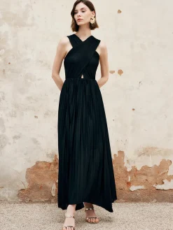 COMMENSE Criss Cross Pleated Long Dress* Black Dresses|Cocktail & Party Dresses