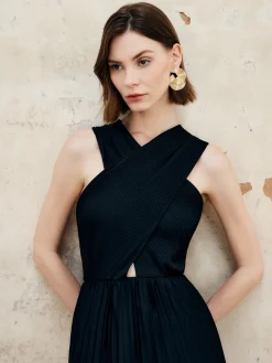 COMMENSE Criss Cross Pleated Long Dress* Black Dresses|Cocktail & Party Dresses