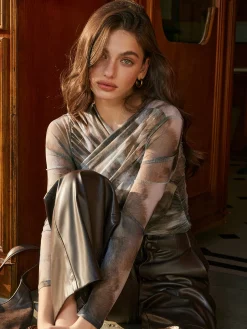 COMMENSE Criss Cross Printed Mesh Blouse* Blouses & Shirts|Tops