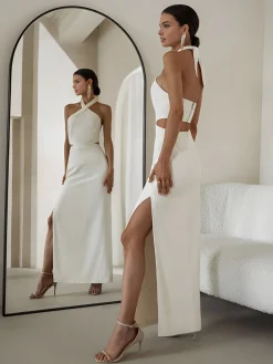 COMMENSE Crisscross Cutout Halter Split Knit Long Dress* White Dresses|Cocktail & Party Dresses