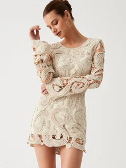 COMMENSE Crochet Paisley Long Sleeve Short Dress* Sweater Dresses|Sweater Dresses