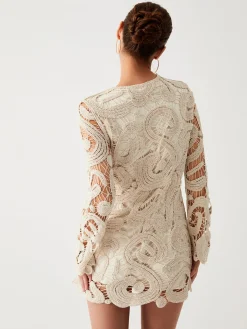 COMMENSE Crochet Paisley Long Sleeve Short Dress* Sweater Dresses|Sweater Dresses