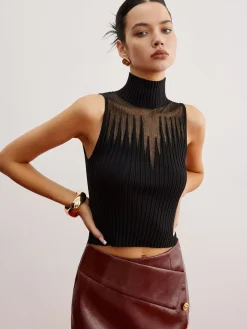 COMMENSE Crop Sheer Panel Sweater Vest* Sweater Vests|Sweaters & Cardigans
