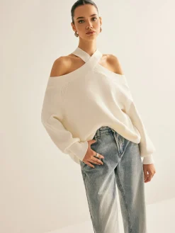 COMMENSE Cross-Over Collar Cold-Shoulder Sweater* Sweater Tops|Sweaters & Cardigans