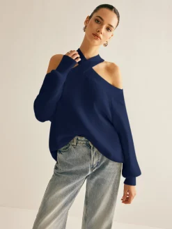 COMMENSE Cross-Over Collar Cold-Shoulder Sweater* Sweater Tops|Sweaters & Cardigans