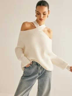 COMMENSE Cross-Over Collar Cold-Shoulder Sweater* Sweater Tops|Sweaters & Cardigans