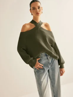 COMMENSE Cross-Over Collar Cold-Shoulder Sweater* Sweater Tops|Sweaters & Cardigans