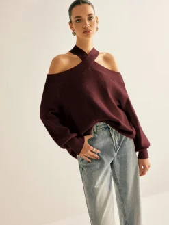 COMMENSE Cross-Over Collar Cold-Shoulder Sweater* Sweater Tops|Sweaters & Cardigans