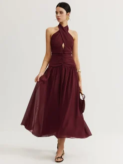 COMMENSE Cross-Over Halter Pleated Long Dress* Cocktail & Party Dresses|Vacation Dresses