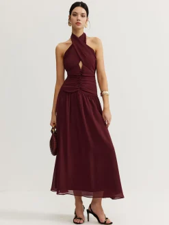COMMENSE Cross-Over Halter Pleated Long Dress* Cocktail & Party Dresses|Vacation Dresses