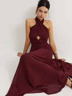 COMMENSE Cross-Over Halter Pleated Long Dress* Cocktail & Party Dresses|Vacation Dresses