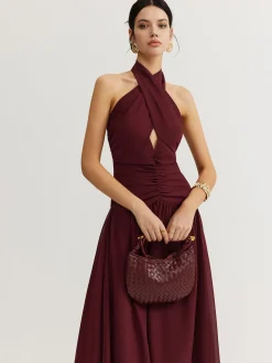 COMMENSE Cross-Over Halter Pleated Long Dress* Cocktail & Party Dresses|Vacation Dresses