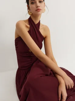 COMMENSE Cross-Over Halter Pleated Long Dress* Cocktail & Party Dresses|Vacation Dresses