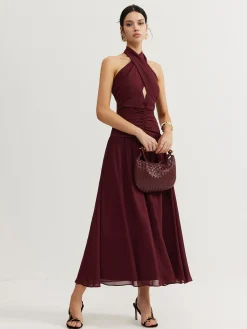 COMMENSE Cross-Over Halter Pleated Long Dress* Cocktail & Party Dresses|Vacation Dresses