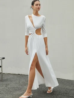 COMMENSE Cut Out Ruched Split Knit Maxi Dress* White Dresses|Casual Dresses