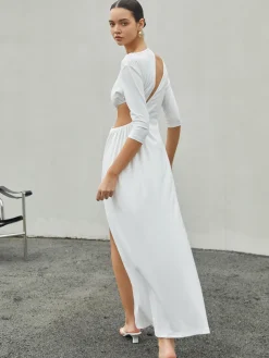 COMMENSE Cut Out Ruched Split Knit Maxi Dress* White Dresses|Casual Dresses