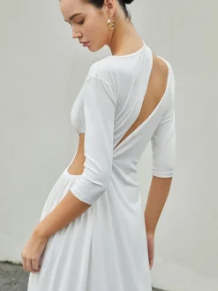 COMMENSE Cut Out Ruched Split Knit Maxi Dress* White Dresses|Casual Dresses